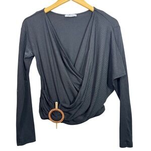 ZARA Top Small Black Ribbed Surplice Wrap Front Long Sleeve Ring detail